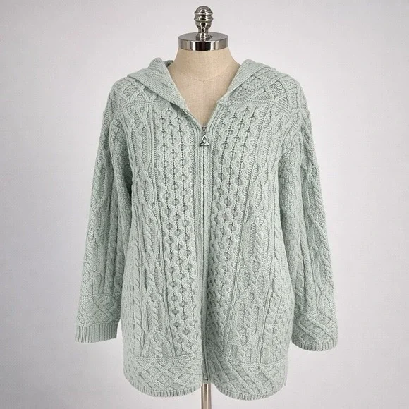 Aran Crafts Women Medium Merino Wool Cable Knit Hooded Zip Cardigan Sweater - Picture 1 of 7